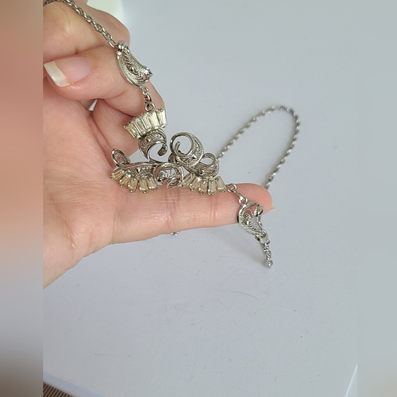 Vintage Art Deco Sterling Silver Crystal Baguette Filigree Chain Y Necklace - Picture 8 of 10